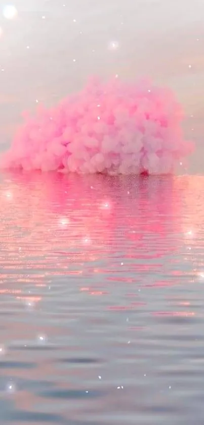 Pink cloud hovering over tranquil water, creating a serene phone wallpaper.