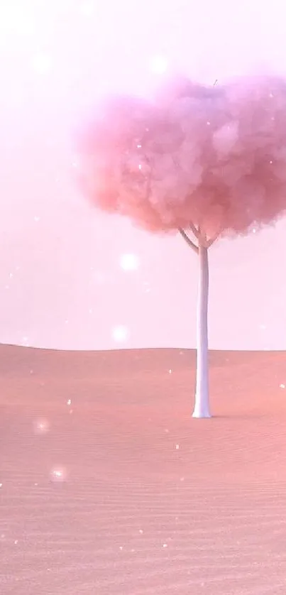 Surreal pink desert with lone tree under a pastel sky.