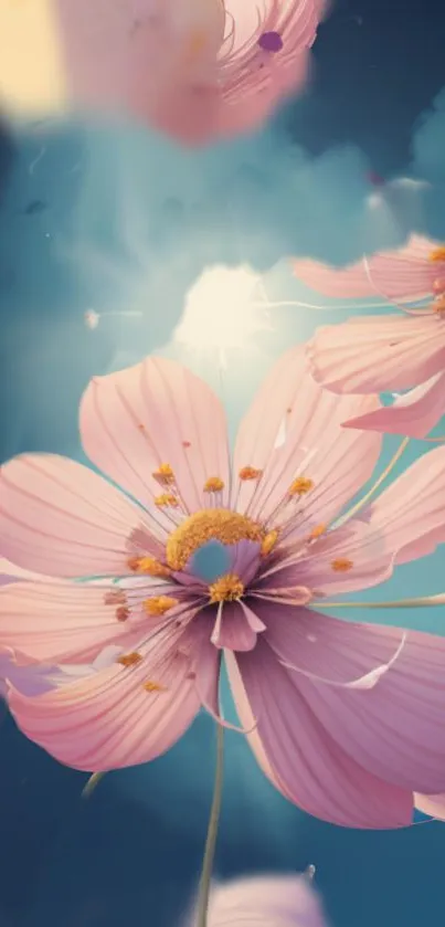 Beautiful pink flowers on a serene sky blue background in artistic wallpaper.