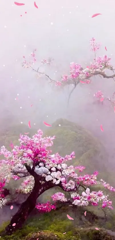 Misty landscape with blooming pink flowers.