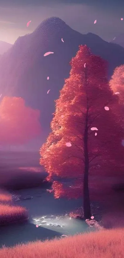 Serene pink forest landscape with vibrant trees.