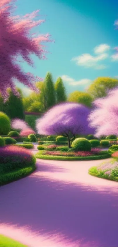 Serene pink garden pathway with lush trees in a dreamy landscape.