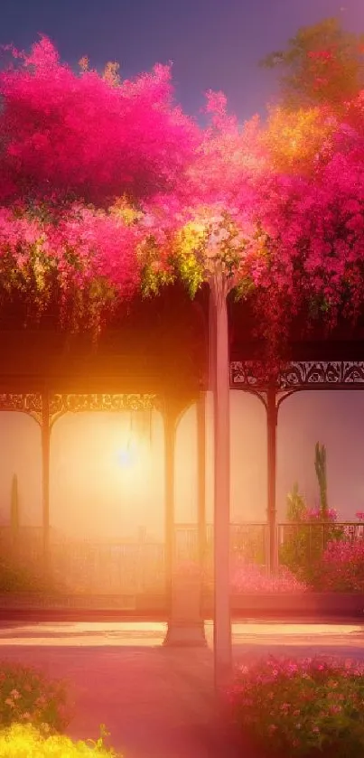 Enchanting garden with vibrant pink flowers at sunset under a tranquil gazebo.