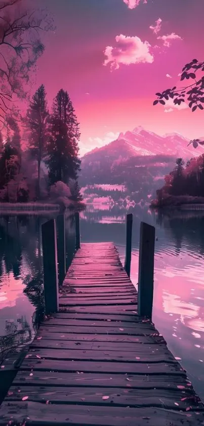 Pink lake with mountain and wooden dock reflecting natural beauty.