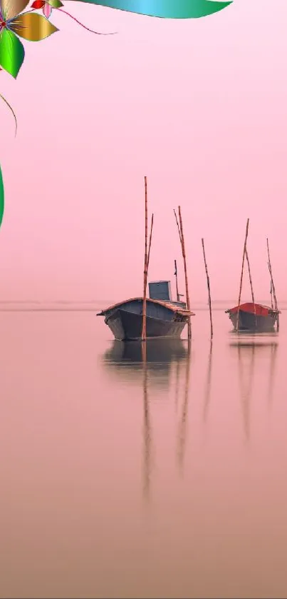 Tranquil pink lake with artistic floral design at top corner.