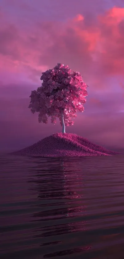 Lone pink tree on island reflecting in calm waters under a pink sky.