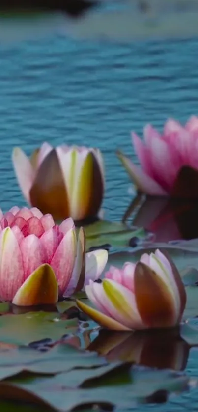 Pink lotus flowers on a serene blue pond wallpaper.