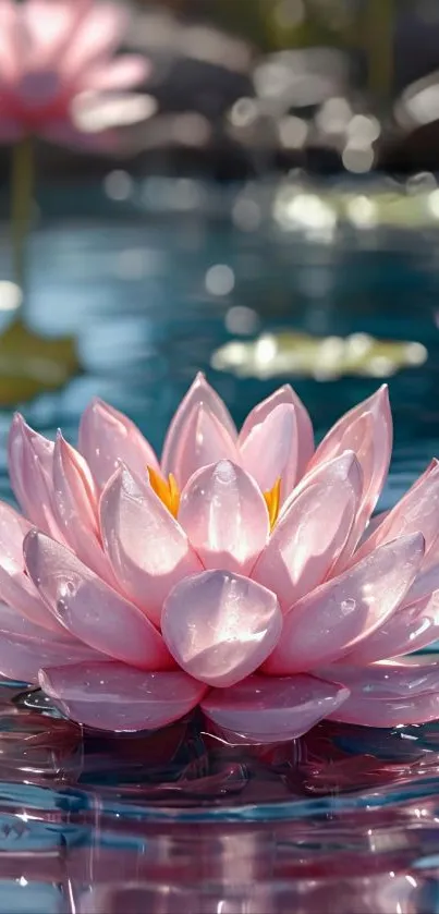 Pink lotus flower floating on water.