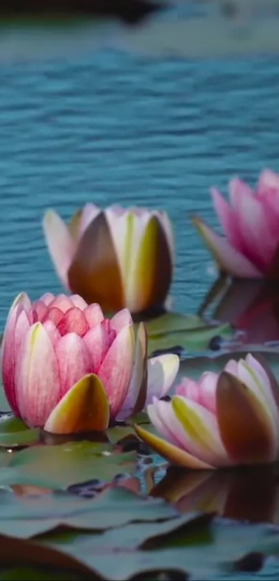 Pink lotus flowers floating on tranquil blue water.