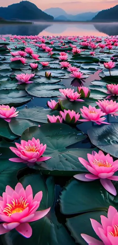 Serene lake view with pink lotus flowers in full bloom.