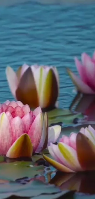 Pink lotus flowers floating on serene water against a blue backdrop.