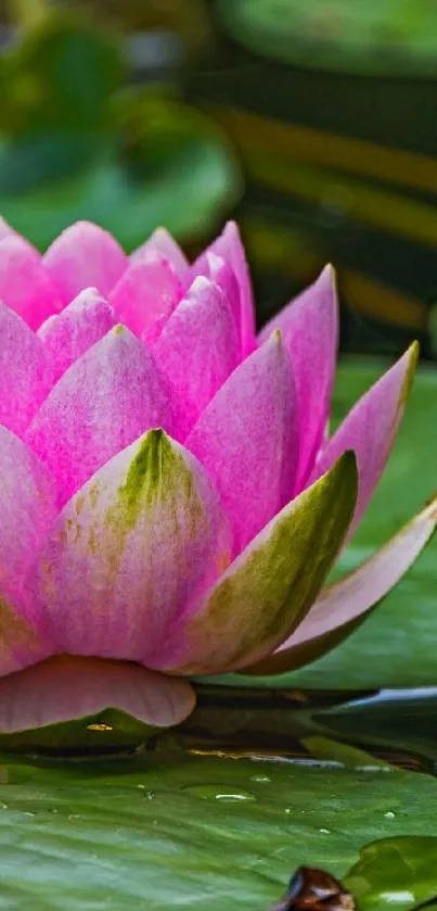 Serene pink water lily floating among green leaves.