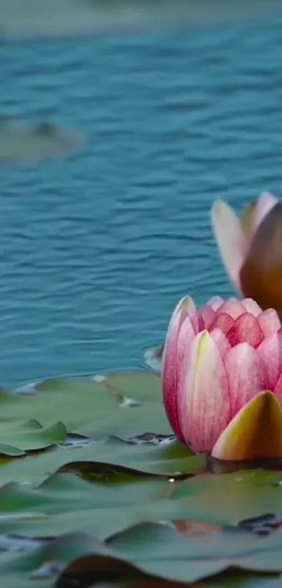 Serene photo of a pink lotus on calm water.