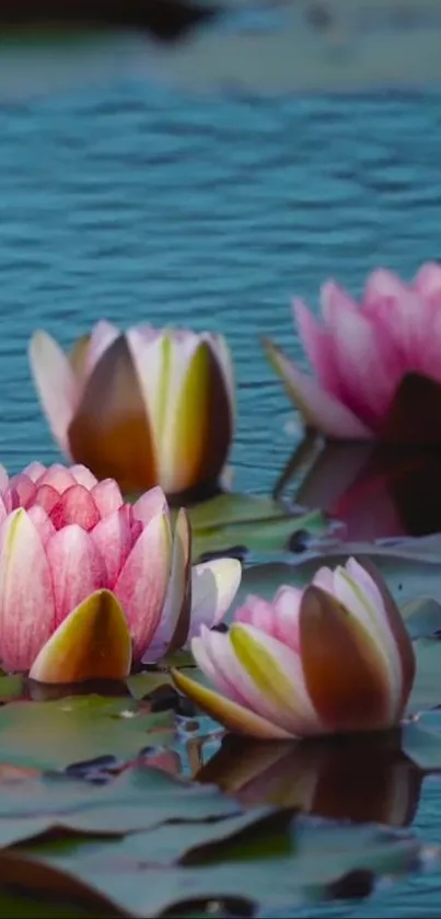 Peaceful pond with pink lotus flowers floating on tranquil blue water.