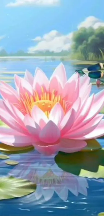 Pink lotus flower on a tranquil pond with blue dragonfly.