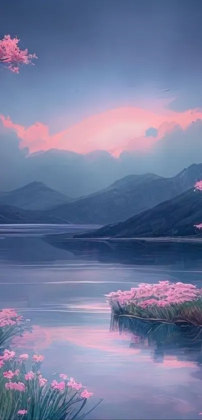 Serene mountain lake with pink blossoms at sunset.