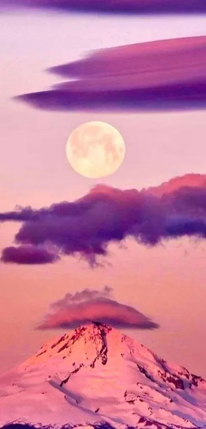 Serene pink mountain under full moon with purple sky background.