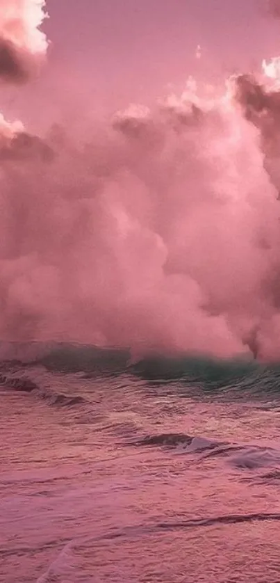 Pink ocean with clouds and crescent moon.