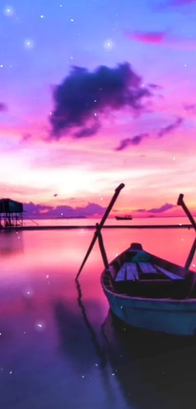 Pink sunset over ocean with boat and clouds.