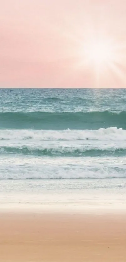 Serene sunset over a pink ocean with gentle waves and a glowing sky.