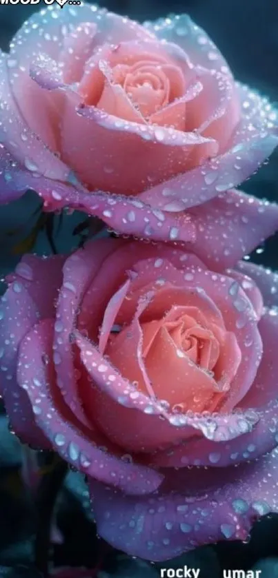 Dewy pink roses on a dark background.