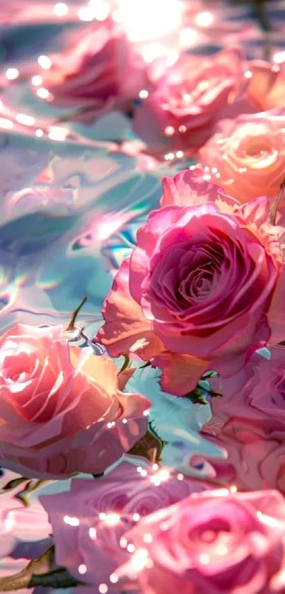 Pink roses floating on shimmering water.