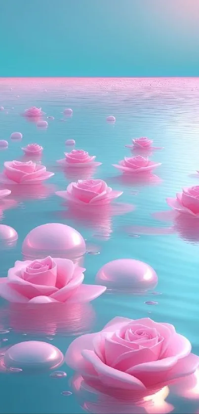 Mobile wallpaper with pink roses floating on calm water under a serene sky.