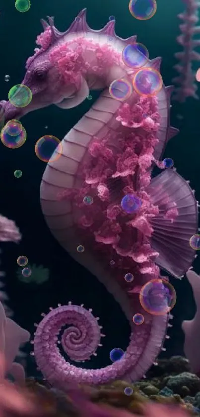 Pink seahorse amid floral corals in serene underwater digital art.