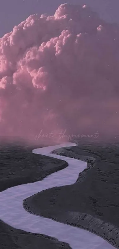 Dreamy pink clouds with crescent moon over a winding river landscape.