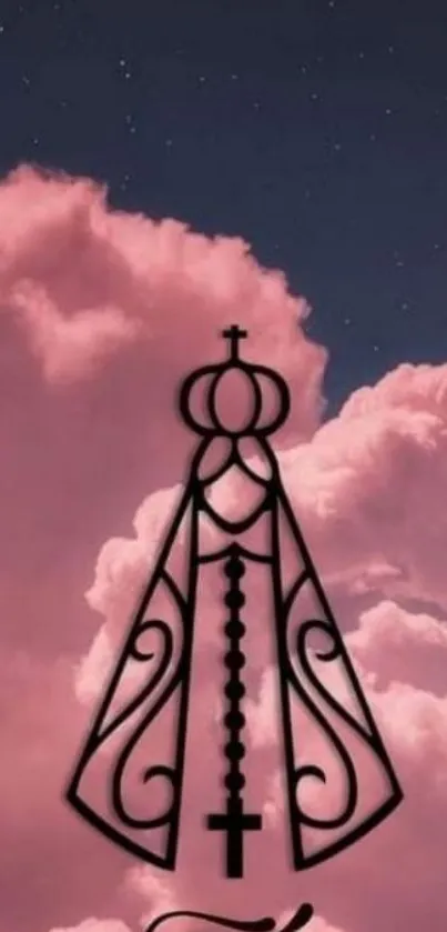 Pink sky with clouds and a faith symbol graphic.