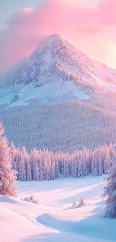 Serene pink snowy mountain landscape with trees.