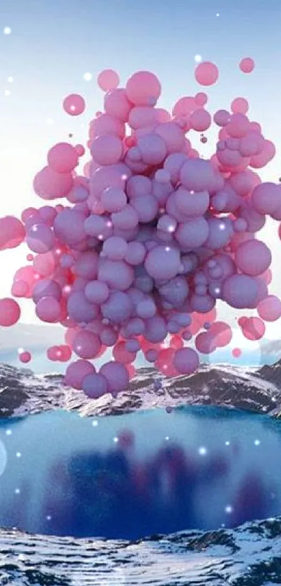 Pink spheres floating above a serene lake with snowy mountains.