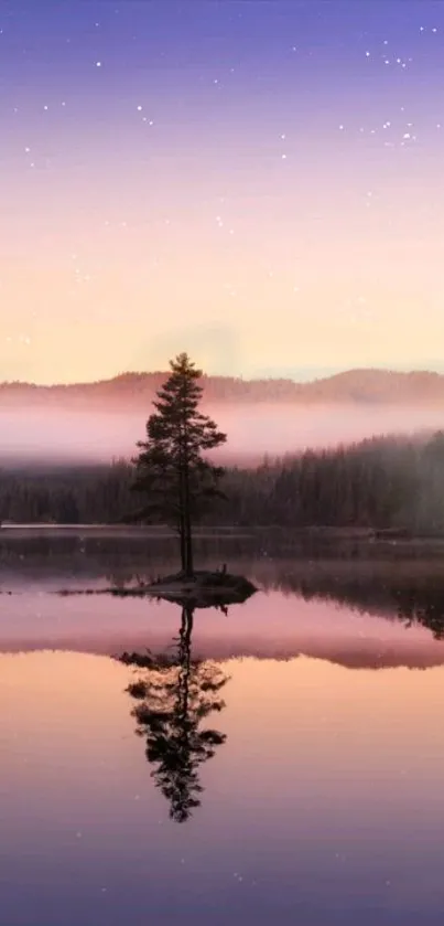 Stunning pink sunset over lake with mountain backdrop and tree reflections.