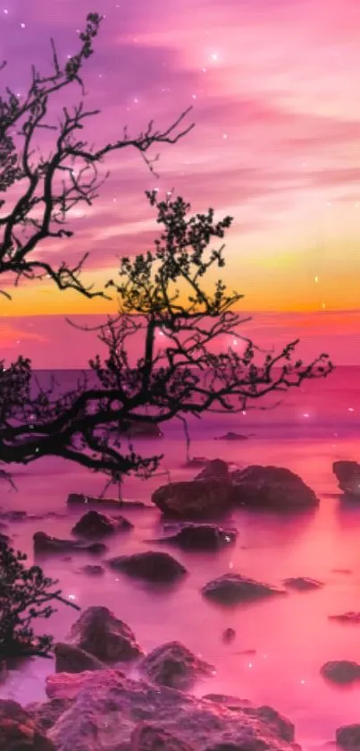 Vibrant pink sunset over serene rocky shoreline.