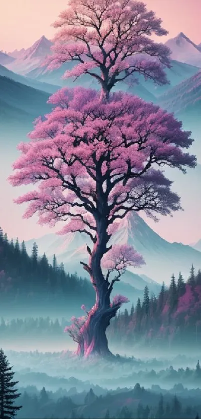 Pink tree in misty mountains mobile wallpaper.