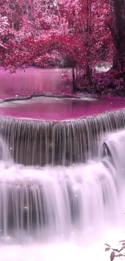 Pink waterfall scene with serene cascades and lush surroundings.