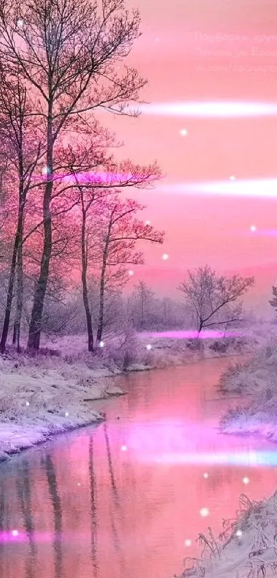 Serene pink winter landscape wallpaper with a snowy river and trees.