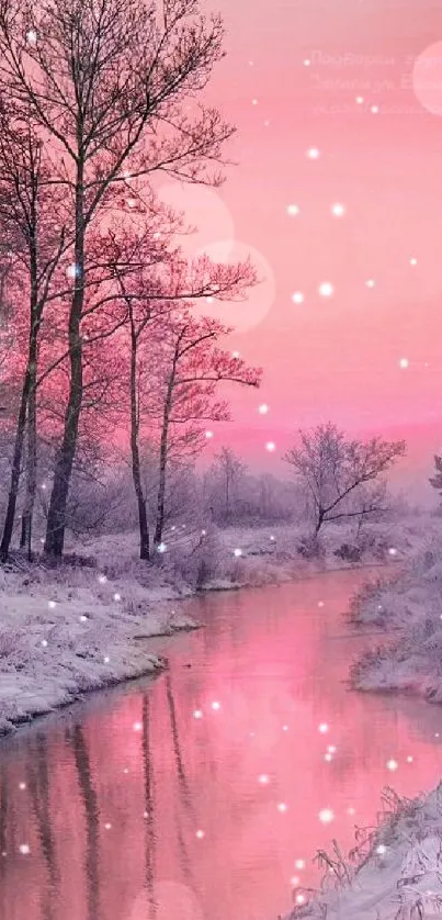 Serene pink winter river with snow and trees.