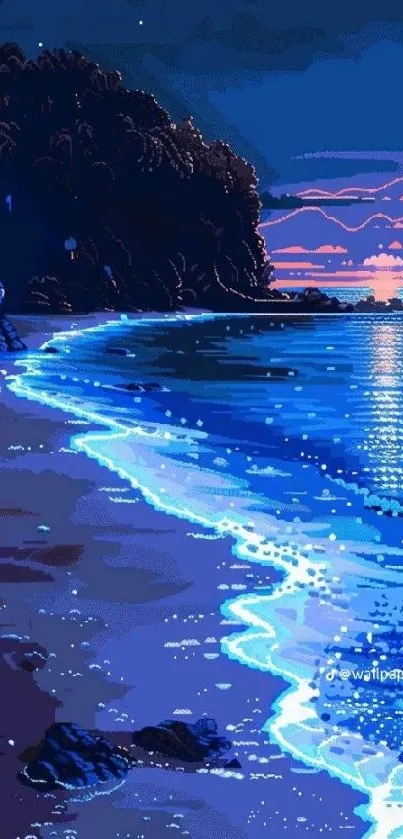 Pixel art beach with sunset and ocean waves.