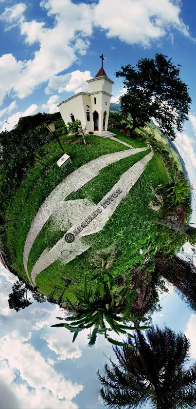 Tiny planet view of a chapel surrounded by lush greenery under a bright blue sky.