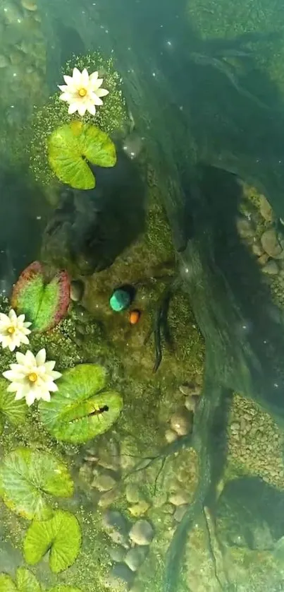 Tranquil pond scene with lily pads and fish.