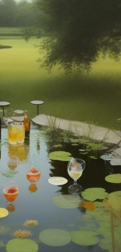 Peaceful pond with floating drinks and lush green surroundings.