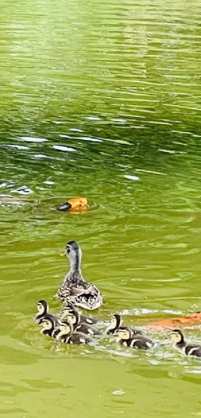 A peaceful pond scene with ducks swimming under a bridge.