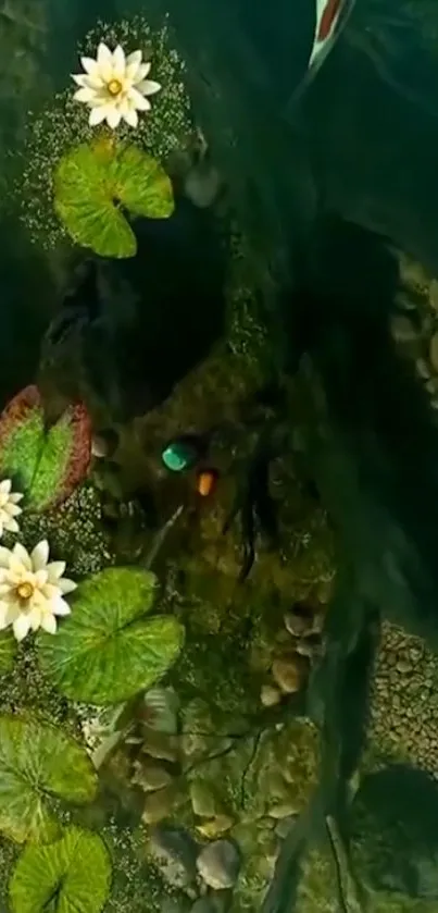 Serene pond with koi fish and lilies in a lush green setting.