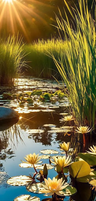 Sunlit pond with blooming lotus flowers reflecting in the water.