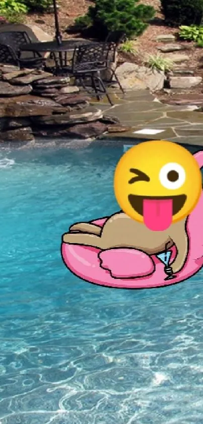 Playful emoji on pink float in serene pool setting.