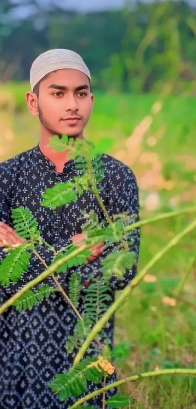 Young man in traditional attire standing in a lush green field.