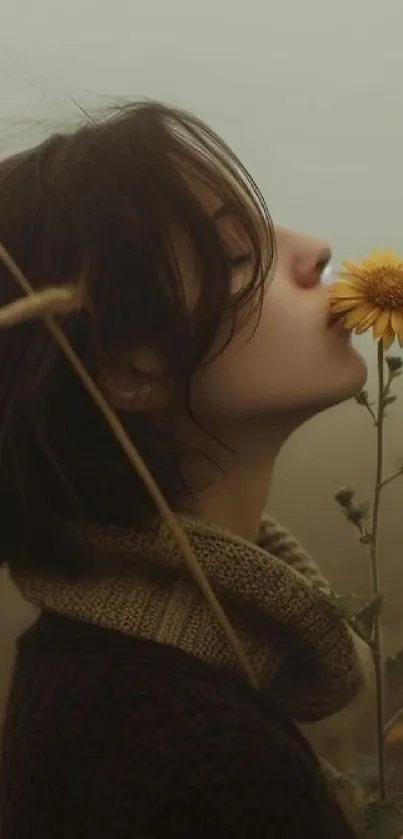 Woman with yellow flower in serene, atmospheric setting.