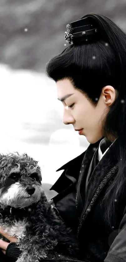 Serene person in black attire with a small dog, blending monochrome hues.