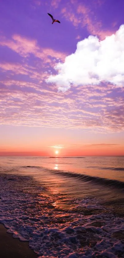 Vibrant purple beach sunset with waves and colorful sky.